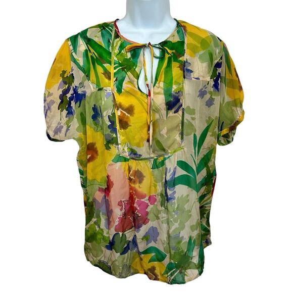 Jenny Han Colorful Watercolor Floral Blouse Sz XS 100% Silk Oversized Semi-Sheer - Picture 9 of 11